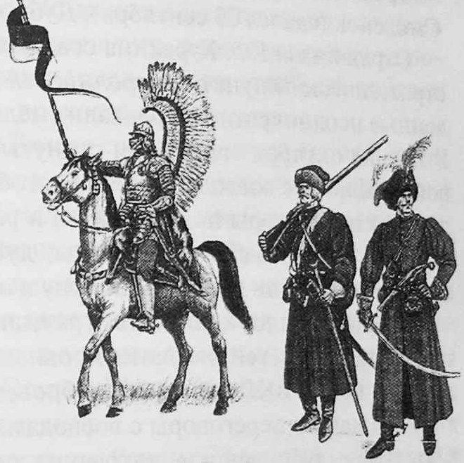 Воины ВКЛ (слева направо): крылатый гусар, наёмник-мушкетёр, шляхтич-ополченец.