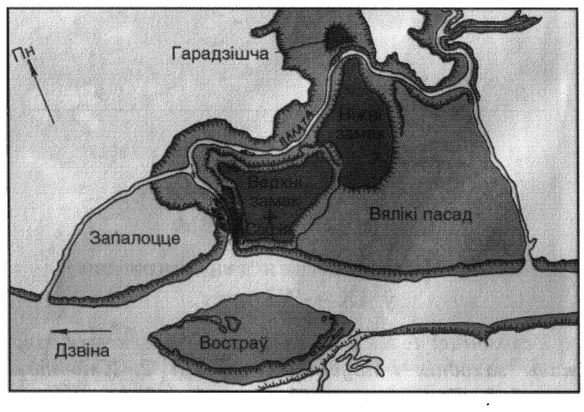 План древнего Полоцка: Верхний замок над Полотой и Двиной, Великий посад, Заполотье (из учебника Штыхова).