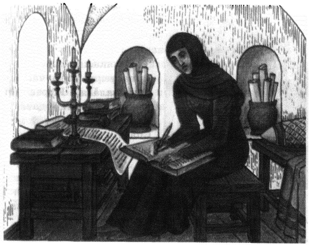 Евфросиния Полоцкая за перепиской книг (современная иллюстрация из учебника Штыхова).