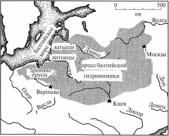 Ареал балтских названий рек (гидронимики) в Восточной Европе — карта из книги Загорульского. Беларусь целиком внутри него.